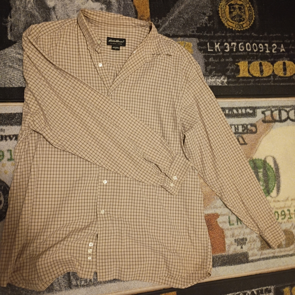 Eddie Bauer Men's Checkered Dress Shirt - Brown and White